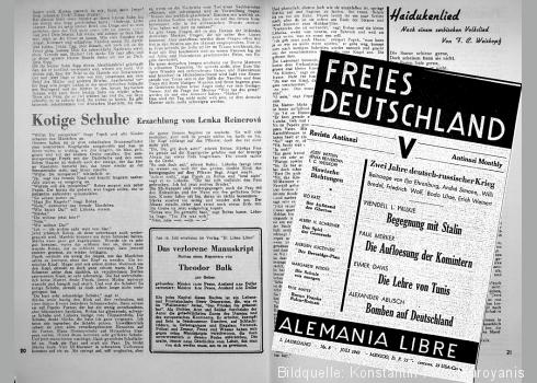 1943 veröffentlichte Lenka Reinerová "Kotige Schuhe" im Freien Deutschland. In der gleichen Ausgabe ein Hinweis auf Theodor Balk und F. C. Weißkopf